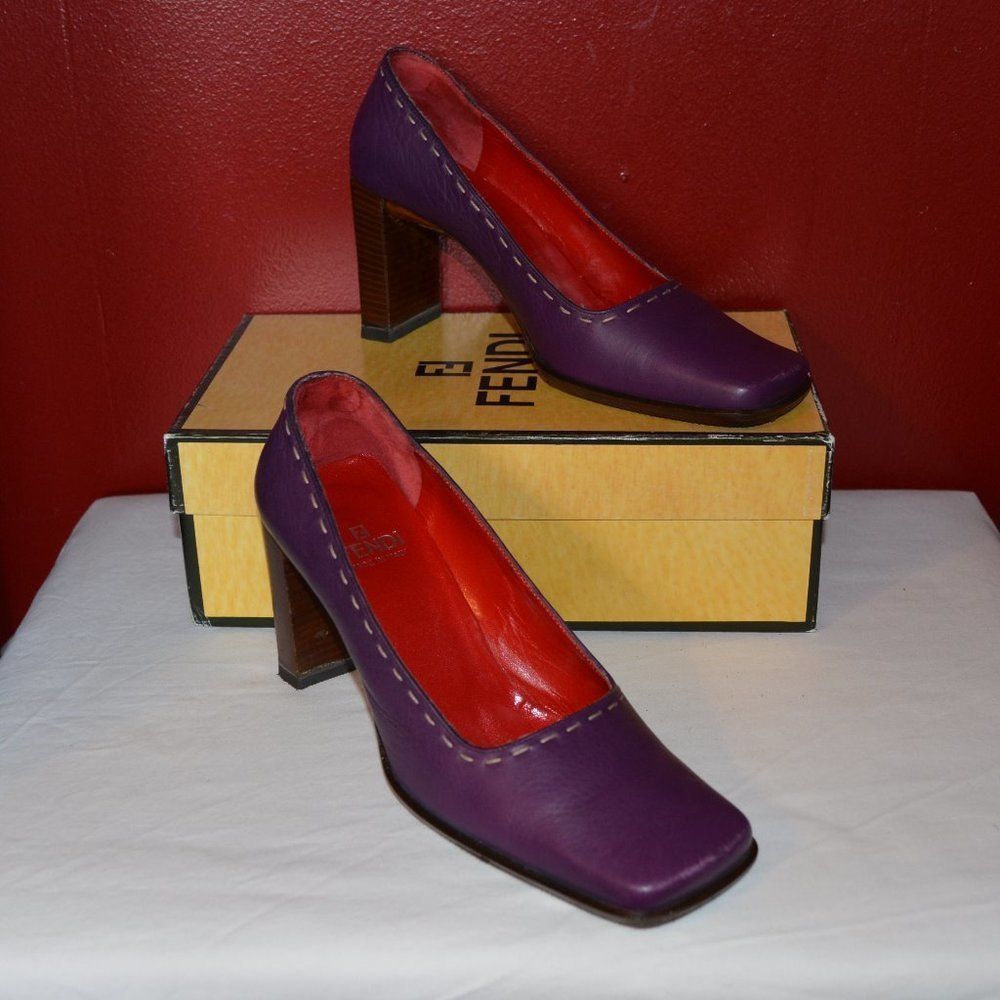 Fendi Vintage Purple Leather Block Heel Pumps – Square Toe
